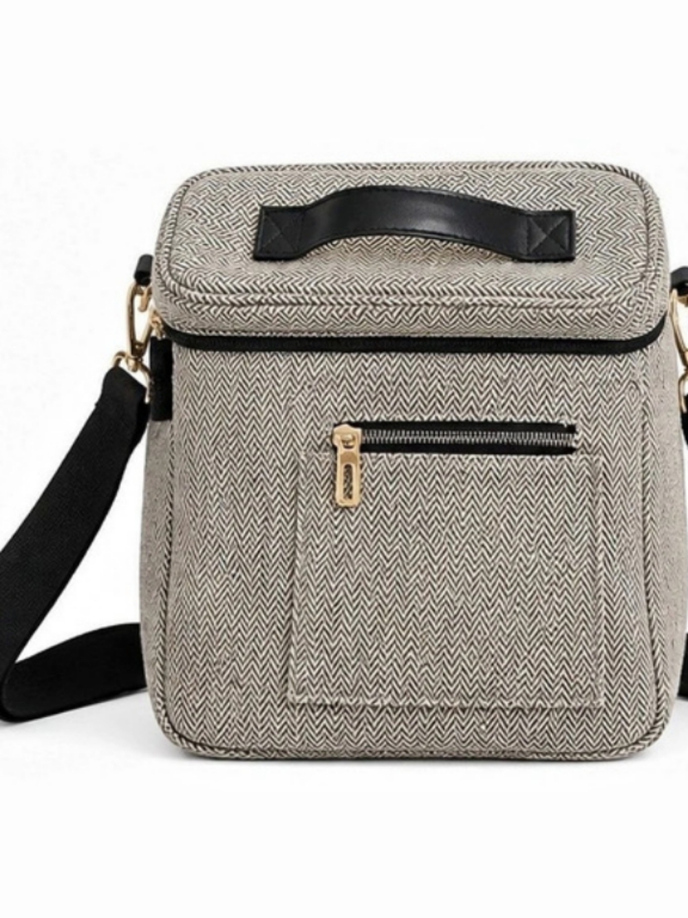 Herringbone Insulated Lunch Bag Cooler Black Cream Adjustable Strap